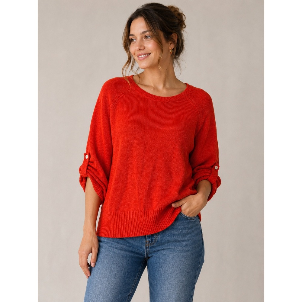 Banana Republic Red Linen Blend Roll Tab Sleeve Knit Sweater Womens Small‎